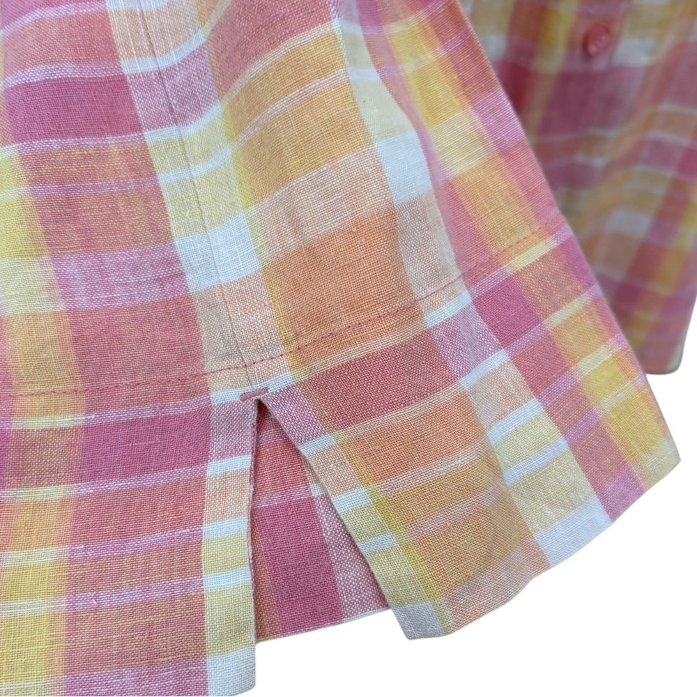 Women's XL Pastel Pink Yellow Plaid 100% Linen Boxy Button-Up Breathable Shirt - Picture 5 of 9
